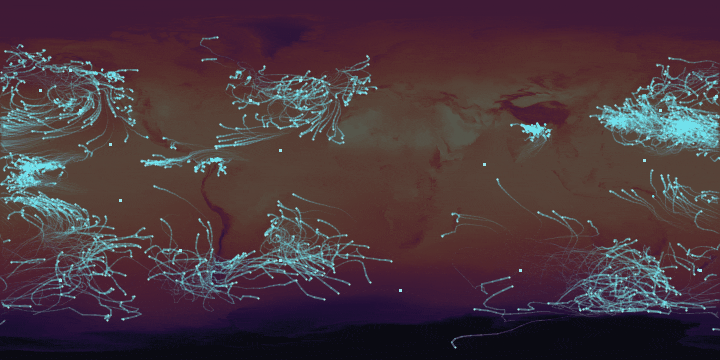 Animated global map of ECMWF IFS ensemble forecast trajectories